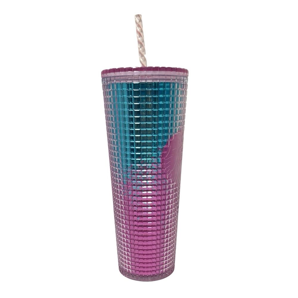 Starbucks Tumbler 24oz Pink Blue Ombre Grid Cold Cup Straw Reusable 2021 New - Picture 6 of 8